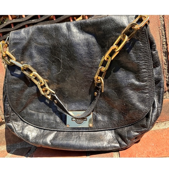 Tory Burch Gold Black Leather & Canvas Chain Linked Over-the-Shoulder Hobo Bag - Picture 11 of 13